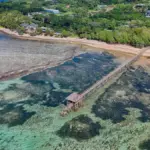 Vue aérienne de la Coral Coast et d'une jetée sur l'île de Viti Levu, aux Fidji