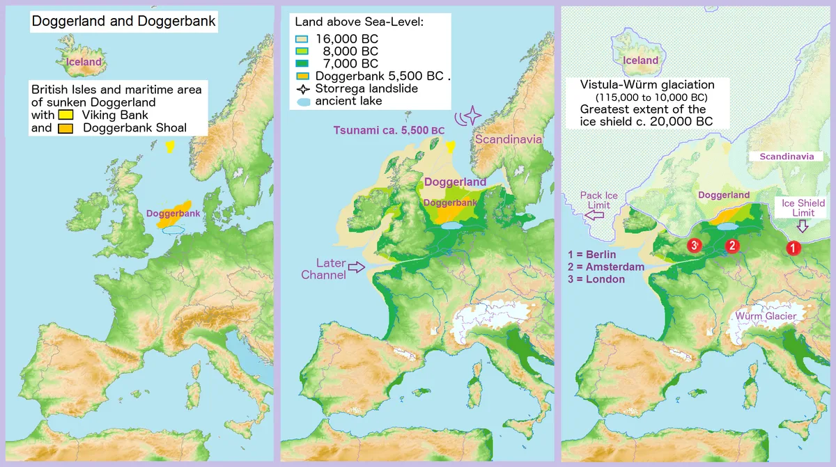 Mapa de la evolución de las costas del mar del Norte y de Doggerland