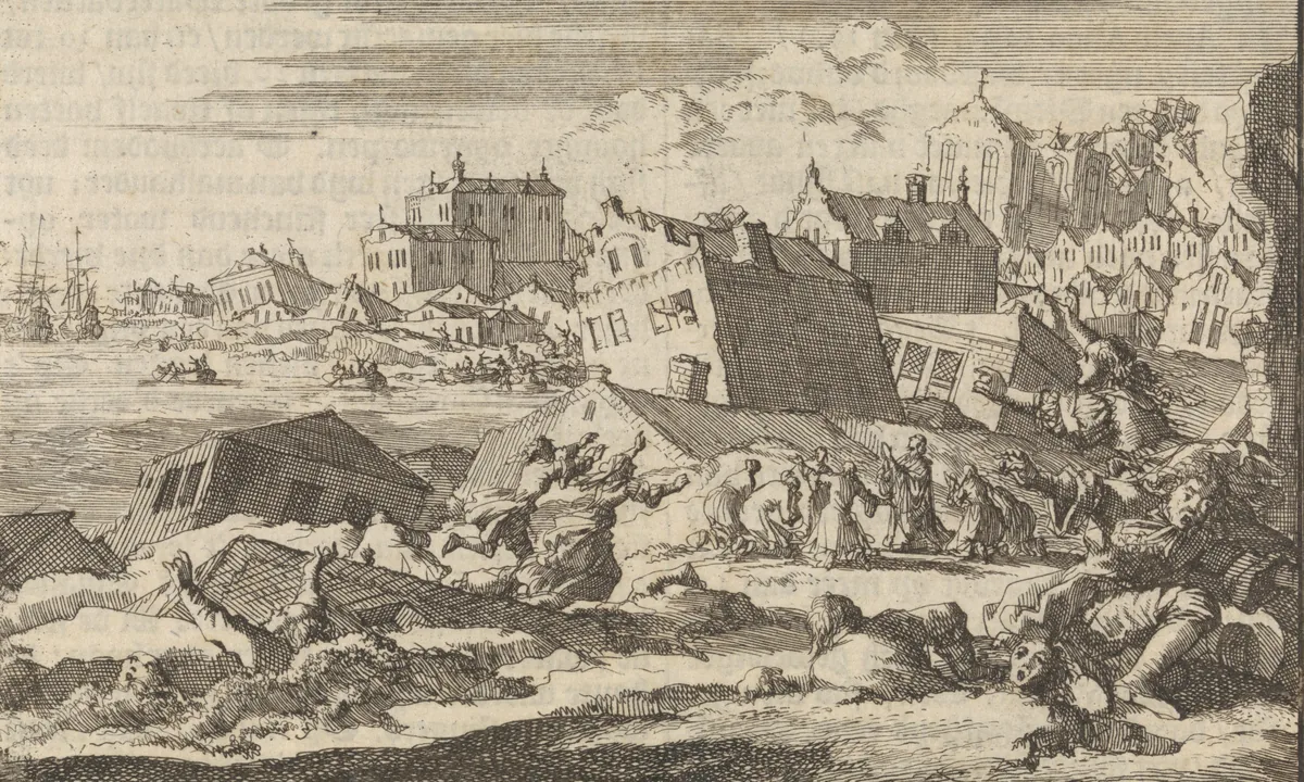 Grabado de Jan Luyken que representa el terremoto de Port Royal en 1692